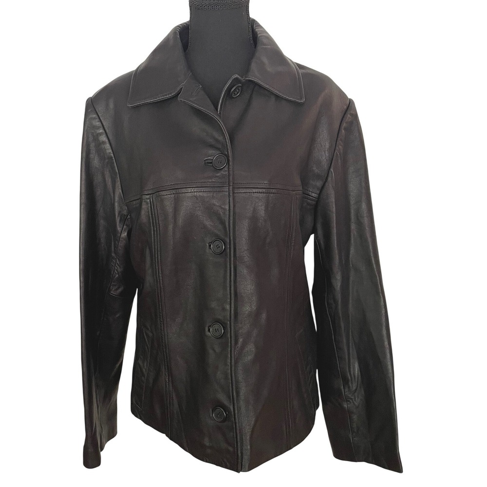 Jones New York Leather Jacket Womens L Black Leather Classic Minimalist VTG Y2K